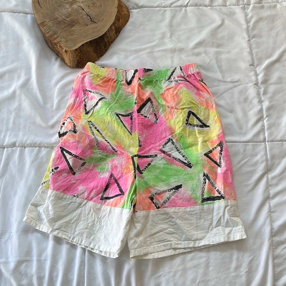 Vintage 80s Colorful Abstract Print Shorts, Printed Pants with Elastic Waist M